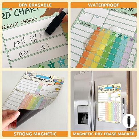 Magnetic Dry Erase Chore Chart for Two Kids at Home, Reward Chart for Kids Behavior. Includes 52 Static Tasks,126 Golden Stars and 8.5"x12" Video Game& Rainbow Magnetic Charts Each in Saudi Arabia