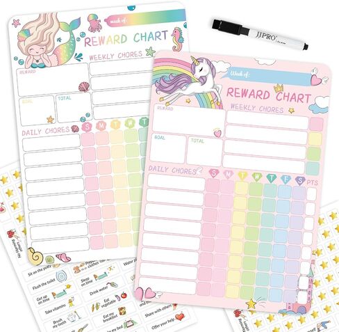 Magnetic Dry Erase Chore Chart for Two Kids at Home, Reward Chart for Kids Behavior. Includes 52 Static Tasks,126 Golden Stars and 8.5"x12" Video Game& Rainbow Magnetic Charts Each in Saudi Arabia