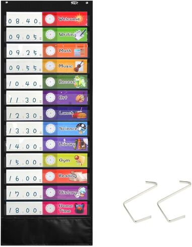 Daily Schedule Pocket Chart， Black Class Schedule with 26 Cards, 13+1 Pockets. 13 Colored + 13 Blank Double-Sided Reusable Cards, Easy Over-Door Mountings Included. (13" x 36") in Kuwait