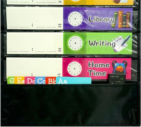 Daily Schedule Pocket Chart， Black Class Schedule with 26 Cards, 13+1 Pockets. 13 Colored + 13 Blank Double-Sided Reusable Cards, Easy Over-Door Mountings Included. (13" x 36") in Kuwait