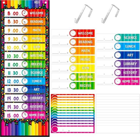 Daily Schedule Pocket Chart， Black Class Schedule with 26 Cards, 13+1 Pockets. 13 Colored + 13 Blank Double-Sided Reusable Cards, Easy Over-Door Mountings Included. (13" x 36") in Kuwait