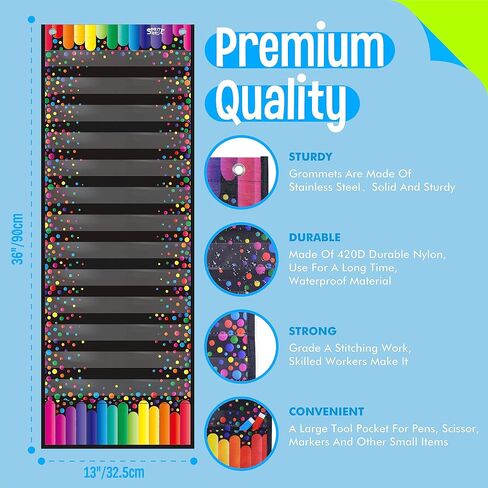 Daily Schedule Pocket Chart， Black Class Schedule with 26 Cards, 13+1 Pockets. 13 Colored + 13 Blank Double-Sided Reusable Cards, Easy Over-Door Mountings Included. (13" x 36") in Kuwait