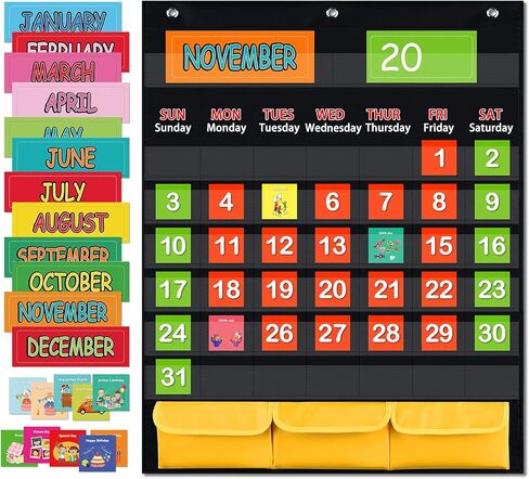مخطط جيب بتقويم شهري أسود مع 112 بطاقة، (97 بطاقة نشاط مصورة، 15 بطاقة فلاش قابلة للمسح الجاف و3 خطافات)، للأطفال الذين يتعلمون في المنزل أو المدرسة in Kuwait