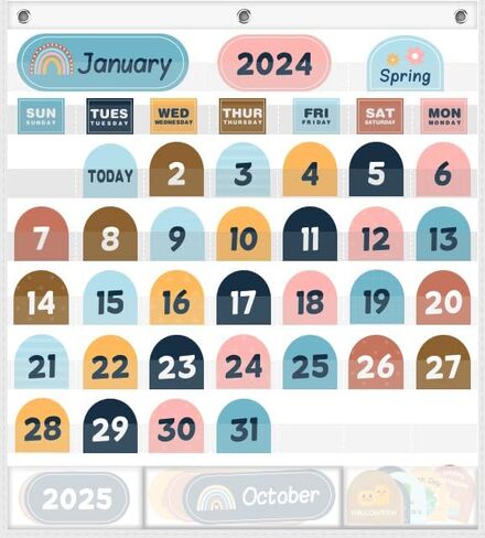 مخطط جيب POSLIUE Boho Calendar مع 90 بطاقة، تقويم جيب لتعلم الأطفال للمنزل، مستلزمات المعلم والمدارس وديكور الفصل الدراسي، يجب أن يكون لديك فصل رياض الأطفال في مرحلة ما قبل المدرسة، أبيض in Kuwait