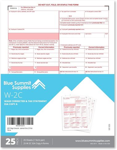 Blue Summit Supply W2-C بيانات الأجور والضرائب المصححة لعام 2023، نسخة SSA A، 25 نموذج W-2 C، نماذج تصحيح الأجور، متوافقة مع QuickBooks وبرامج المحاسبة، 25 حزمة in Saudi Arabia