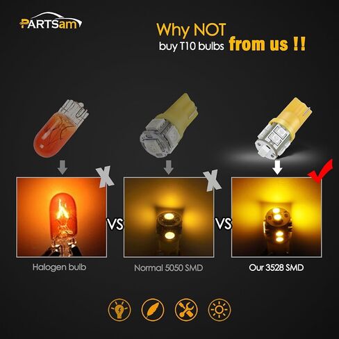 مصابيح إضاءة LED من Partsam T10 5 قطع 10-3528-SMD شرائح 194 168 مصابيح بديلة LED كهرمانية لسقف شاحنة الكابينة البيك أب والجري العلوي 12 فولت (عبوة من 5) in Saudi Arabia