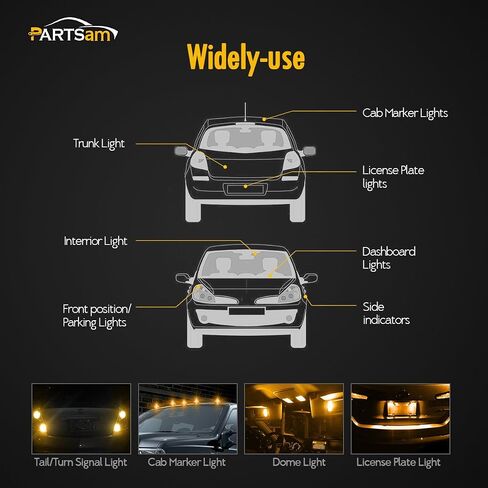 مصابيح إضاءة LED من Partsam T10 5 قطع 10-3528-SMD شرائح 194 168 مصابيح بديلة LED كهرمانية لسقف شاحنة الكابينة البيك أب والجري العلوي 12 فولت (عبوة من 5) in Saudi Arabia