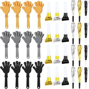 36 Pcs New Years Eve Party Noisemakers Supplies New Year Party Kit Include 12 Hand Clappers 12 Plastic Blowers 12 Metallic Fringed Party Blowers for 2025 New Years Party Supplies (Gold, Silver, Black)