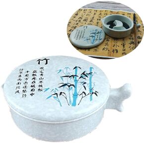 Multifunctional Chinese Calligraphy Handmade Porcelain Ink Well Dish Ceramic Inkslab Inkstone with Brush Holder for Beginners Paintings Writings Drawing Practice Art Supplies(Bamboo)