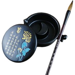 Multifunctional Chinese Calligraphy Handmade Porcelain Ink Well Dish Ceramic Inkslab Inkstone with Brush Holder for Beginners Paintings Writings Drawing Practice Art Supplies(Chrysanthemum)