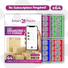 SmartPacks QR Code Labels for Storage Color Coded | Premium Qr Code Stickers with Free App | No Subscription | Advanced Pack and Track Labels with QR Code for Inventory, Storage, Moving | 64 Stickers
