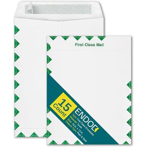 EnDoc 10x13 Tyvek First Class Mailer Envelopes - 15 Count - Open-ended Catalog Mailing Envelopes with Peel and Seal Closure, White with first class border