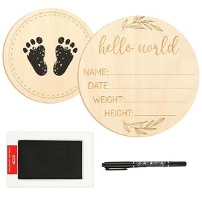 Baby Birth Announcement Sign, 6.7 Inch Wooden Hello World Newborn Name Sign for Hospital, Baby Welcome Sign Photo Props for Boys and Girls