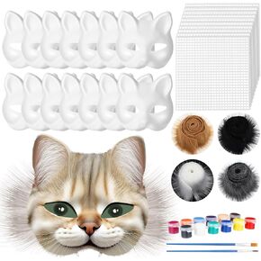 Cat Therian Masks 15 Set with Felt Furs Eye Meshes Costume Furry Masks to Paint, Animal Mask Arts Crafts Kit, Dress up DIY Therian Kit for Cosplay Party Interaction