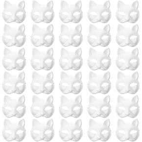 30Pcs Therian Mask White Cat Fox Mask to Paint Blank Animal Mask DIY Crafts Halloween Mask Masquerade Mask for Party