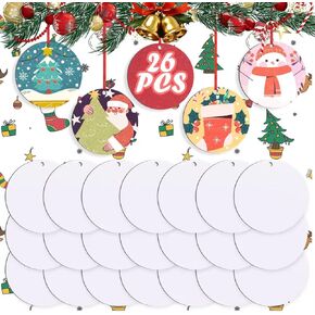 26pcs Sublimation Ornament Blanks, Round Christmas Ornaments Bulk with Red String for Xmas Tree Decor, Double Sided Sublimation Ornaments Personalized Heat Press Printing for DIY Handmade Crafts