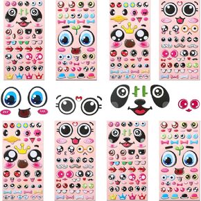 8Sheets Puffy Googly Eyes Stickers for Kids Crafts, Self-Adhesive Foam Eyeballs with Mouth & Nose Details, Assorted Sizes (Small & Large), for Kids' DIY Projects, Easy Peel & Stick Application