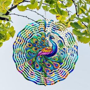 Peacock Wind Spinner 3D Stainless Steel Kinetic Sculpture Metal Art Christmas 10 Inch Colorful Hanging Decoration for Garden, Patio, Yard, and Indoor/Outdoor Spaces