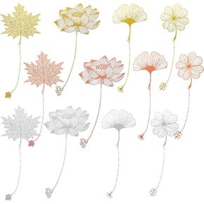12 Pieces Metal Bookmarks with Chain for Women Metal Leaf Bookmark Unique Bookmarks Plant Bookmark Vintage for Book Lovers Writers Readers Children Teens Adults Gold Silver and Rose Gold