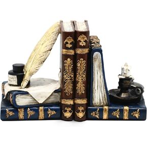 Decorative Vintage Bookends Unique Wizard Feather Quill Pen and Ink Bottle with Oil Lamp Antique Style Book Holders Heavy Duty Book Ends for Shelves Cottage Magic Home Decor
