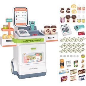 deAO Kids Store Supermarket Playset Cash Register Toy,48PCS Pretend Play with Scanner,Grocery Game Play Food,Calculator,Birthday for 3 4 5 Boys Girls Kids