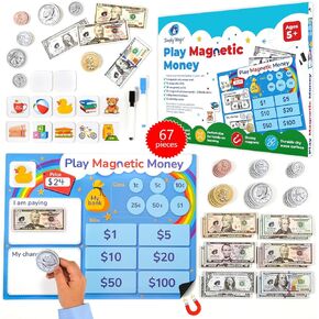 Simply magic 67 PCS Play Money for Teaching - Magnetic Money for Classroom Activity Set, Pretend Play Money Magnets for Kids, Money Manipulatives & Games, Toy Toddler Money, Learning Coins, Bills
