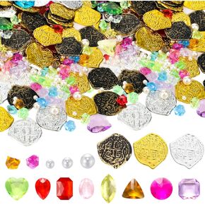Hanaive 319 Pcs Pirate Treasure Gold Fake Coins Plastic Gems and Jewels Playset Party Decor Treasure for Pirates Themed Adventures Summer Pool Party Coins(Irregular and Round)