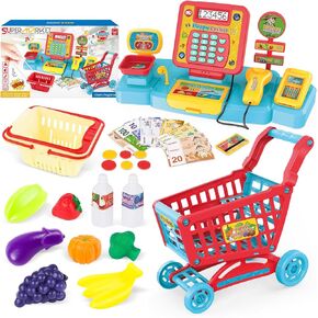 deAO Cash Register Toys for Kids Play Cash Register with Scanner Shopping Cart Real Calculator Toy Basket Kitchen Playset Play Food Play Store Learning Toys Gifts for Kids