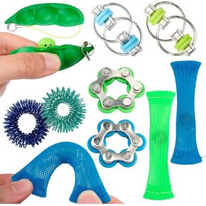 Sensory Fidget Toy 10 Set All Green Roller Bike Chain Fidget Spinner and Marble Fidget Stress Pea Pod Stress Relief Tools, Spiky Sensory Finger Ring for Kids and Adults with Attention Disorder
