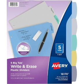 Avery Big Tab Write & Erase Durable Plastic Dividers for 3 Ring Binders, 5-Tab Set, Pastel Multicolor, 1 Set (16170)