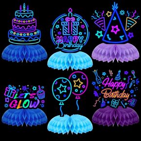 Chinco 6 Pcs Glow Party Birthday Centerpieces Neon Birthday Decorations Honeycomb Birthday Centerpieces Neon Centerpieces for Tables Neon Birthday Party Supplies(Classic)