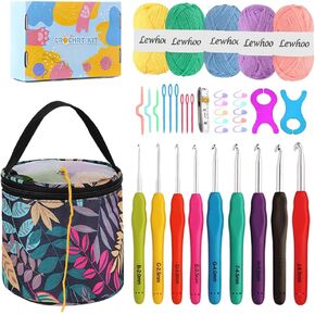 Lewhoo Beginner Crochet Kits with 5 Crochet Yarn, Ergonomic Crochet Hooks 2.0~6.0mm & Crochet Storage Bag