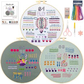chfine 3 Sets Embroidery Stitches Practice Kit, Embroidery Kit for Beginners Adults, Embroidery Starter Kit Stamped Cross Stitch Sets Beginners Embroidery Kit with Instructions & Tools