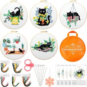 5 Sets Embroidery Starter Kit with Black Cat Patterns and Instructions, DIY Adult Beginner Cross Stitch Embroidery Kits, Including 2 Plastic Embroidery Rings, 1 Scissor, Colored Threads Needles