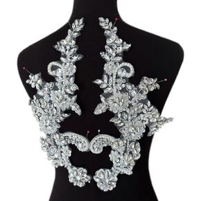 Handmade Rhinestones Applique Silver Glass Stones Beads Bling Bright Crystal White Lace Patches Bodice Accessories for Weding Dress Decorations