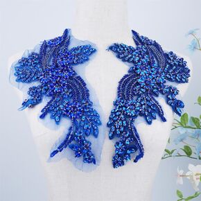 1 Pair Handmade Beaded Rhinestone Appliques, Sew on Crystal Flower Lace Patch,Multi-Color Pairs for DIY Clothing, Wedding Dress, Home Decor (White)
