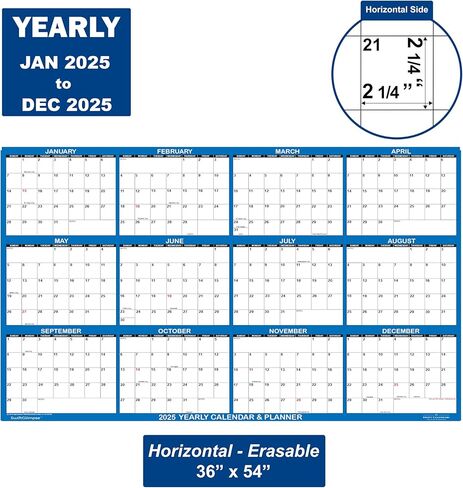 تقويم حائط SwiftGlimpse 2025 مقاس 36 بوصة × 54 بوصة قابل للمسح كبير رطب وجاف ومغلف مخطط حائط سنوي سنوي لمدة 12 شهرًا، أفقي، أزرق داكن in Kuwait