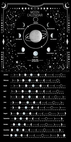 Moon Calendar 2025 Lunar Phases, Hangable MoonLight Wall Poster, Full Moon Tracker Wall Art, Moon Lover Gifts, Astrology Decorations, and Celestial Calendar, Black in Saudi Arabia
