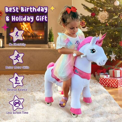 PonyCycle Unicorn Ride on Toys for Girls Horse Spirit Toys, Essential Model E Size 4 for Kids Age 4-8/35.4" Height, Birthday Gifts Plush Walking Animal Giddy up Riding Toys Ride on Pony Pink E412 in Saudi Arabia
