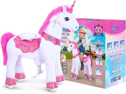 PonyCycle Unicorn Ride on Toys for Girls Horse Spirit Toys, Essential Model E Size 4 for Kids Age 4-8/35.4" Height, Birthday Gifts Plush Walking Animal Giddy up Riding Toys Ride on Pony Pink E412 in Saudi Arabia