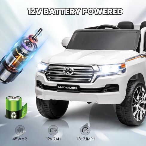 Hetoy 12V Kids Ride On Truck Car, Licensed Toyota Land Cruiser Battery Powered Electric Vehicle with Parent Remote Control, 3 Speeds, Music, Horn, LED Lights, Ride on Toys for Kids, White in Saudi Arabia