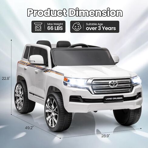 Hetoy 12V Kids Ride On Truck Car, Licensed Toyota Land Cruiser Battery Powered Electric Vehicle with Parent Remote Control, 3 Speeds, Music, Horn, LED Lights, Ride on Toys for Kids, White in Saudi Arabia