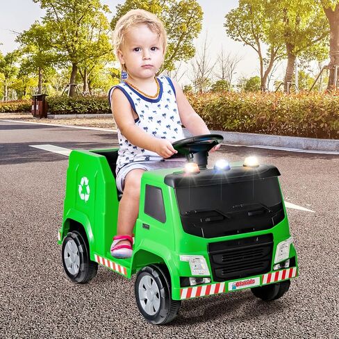 OLAKIDS Ride on Car, Recycling Garbage Truck Electric Vehicle with Music, Horn, Warning Lights, Recycling Accessories Included, Toddlers Battery Powered Trash Toy for Boys Girls (Green) in Kuwait