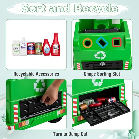 OLAKIDS Ride on Car, Recycling Garbage Truck Electric Vehicle with Music, Horn, Warning Lights, Recycling Accessories Included, Toddlers Battery Powered Trash Toy for Boys Girls (Green) in Kuwait