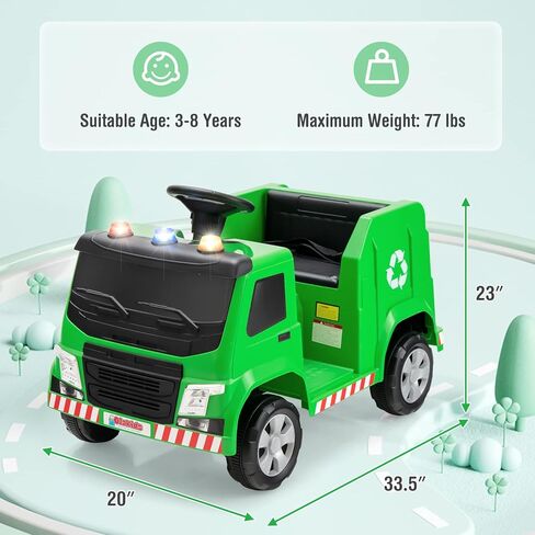 OLAKIDS Ride on Car, Recycling Garbage Truck Electric Vehicle with Music, Horn, Warning Lights, Recycling Accessories Included, Toddlers Battery Powered Trash Toy for Boys Girls (Green) in Kuwait