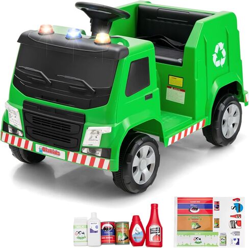 OLAKIDS Ride on Car, Recycling Garbage Truck Electric Vehicle with Music, Horn, Warning Lights, Recycling Accessories Included, Toddlers Battery Powered Trash Toy for Boys Girls (Green) in Kuwait