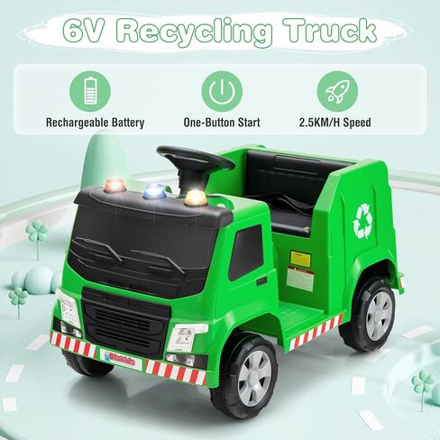 OLAKIDS Ride on Car, Recycling Garbage Truck Electric Vehicle with Music, Horn, Warning Lights, Recycling Accessories Included, Toddlers Battery Powered Trash Toy for Boys Girls (Green) in Kuwait