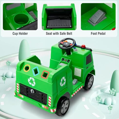 OLAKIDS Ride on Car, Recycling Garbage Truck Electric Vehicle with Music, Horn, Warning Lights, Recycling Accessories Included, Toddlers Battery Powered Trash Toy for Boys Girls (Green) in Kuwait