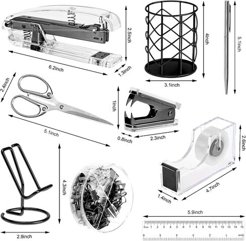 EOOUT Black Office Supplies Set Desk Accessories, Acrylic Stapler Set Staple Remover, Phone Holder, Tape Holder, Pen Holder, 2 Ballpoint Pen, Scissor, Binder Clips, Ruler, Transparent in Saudi Arabia