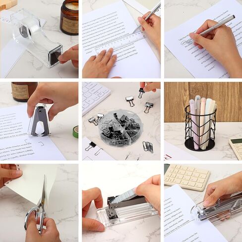 EOOUT Black Office Supplies Set Desk Accessories, Acrylic Stapler Set Staple Remover, Phone Holder, Tape Holder, Pen Holder, 2 Ballpoint Pen, Scissor, Binder Clips, Ruler, Transparent in Saudi Arabia